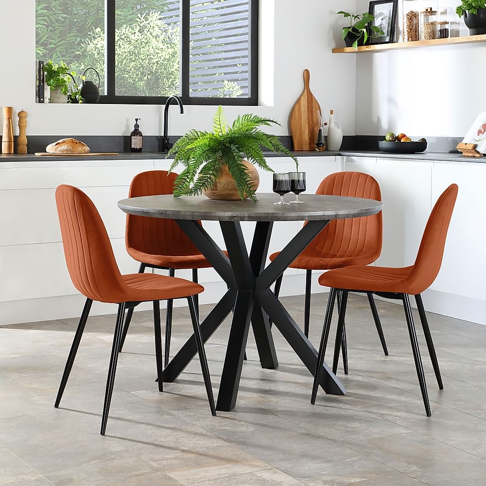 Newark Round Industrial Dining Table & 4 Brooklyn Chairs, Grey Concrete Effect & Black Steel, Burnt Orange Classic Velvet, 110cm