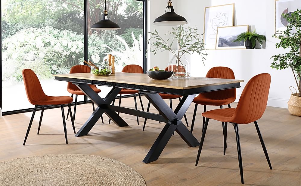 Grange Extending Dining Table & 4 Brooklyn Chairs, Natural Oak Veneer & Black Solid Hardwood, Burnt Orange Classic Velvet & Black Steel, 180-220cm