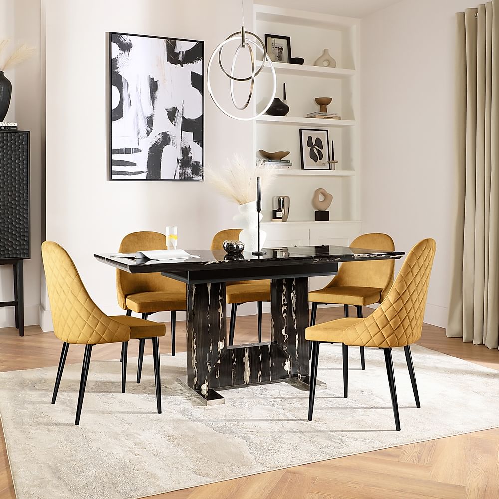 Florence Extending Dining Table & 4 Ricco Chairs, Black Marble Effect, Mustard Classic Velvet & Black Steel, 120-160cm
