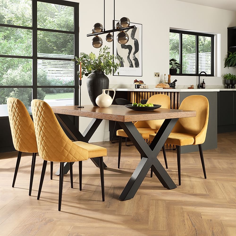 Franklin Industrial Dining Table & 4 Ricco Chairs, Dark Oak Veneer & Black Steel, Mustard Classic Velvet, 150cm