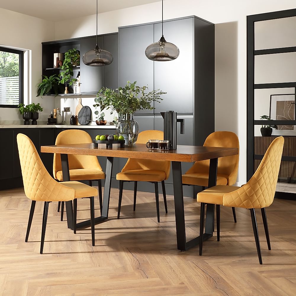 Addison Industrial Dining Table & 6 Ricco Chairs, Dark Oak Veneer & Black Steel, Mustard Classic Velvet, 150cm