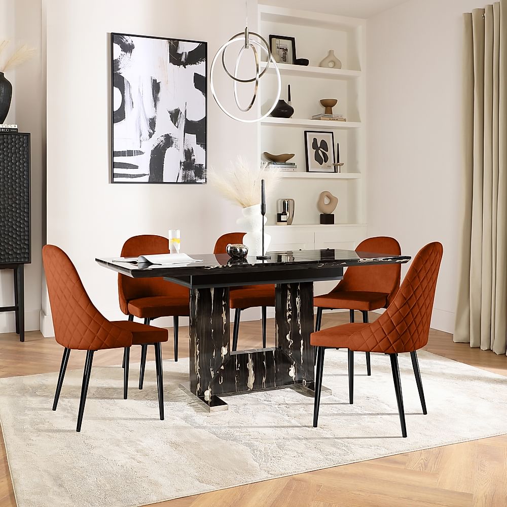 Florence Extending Dining Table & 6 Ricco Chairs, Black Marble Effect, Burnt Orange Classic Velvet & Black Steel, 120-160cm