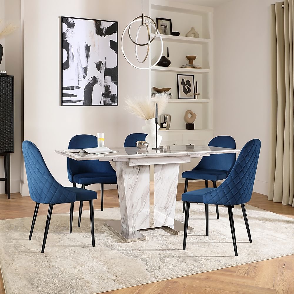 Vienna Extending Dining Table & 6 Ricco Chairs, Grey Marble Effect, Blue Classic Velvet & Black Steel, 120-160cm