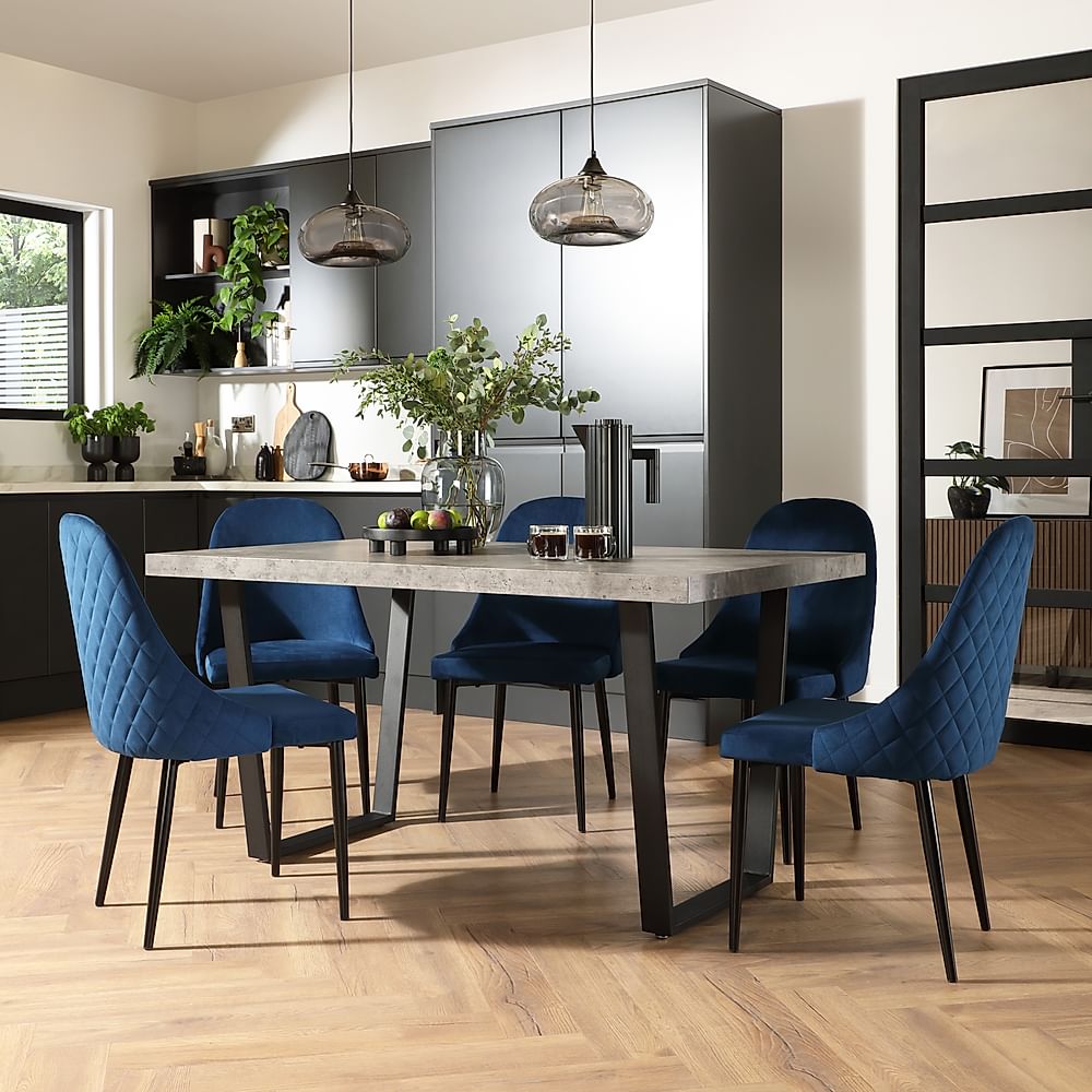 Addison Industrial Dining Table & 4 Ricco Chairs, Grey Concrete Effect & Black Steel, Blue Classic Velvet, 150cm