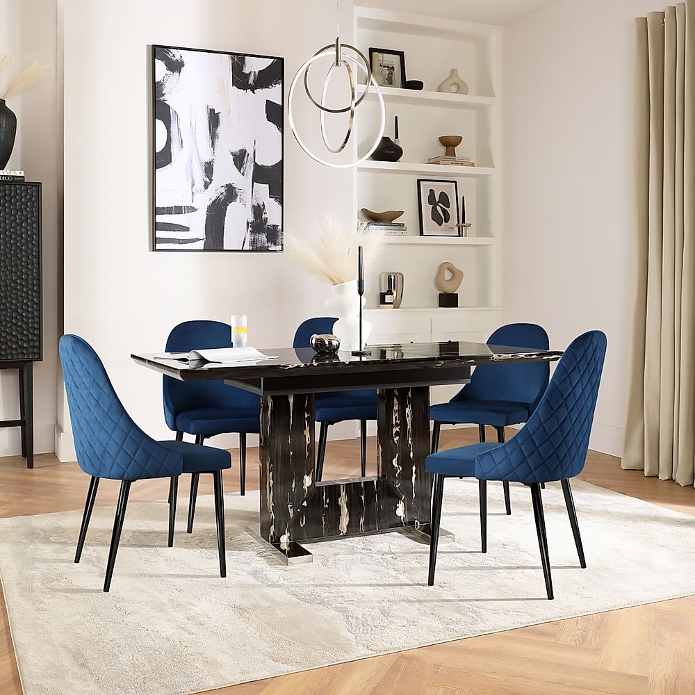 Florence Extending Dining Table & 6 Ricco Chairs, Black Marble Effect, Blue Classic Velvet & Black Steel, 120-160cm