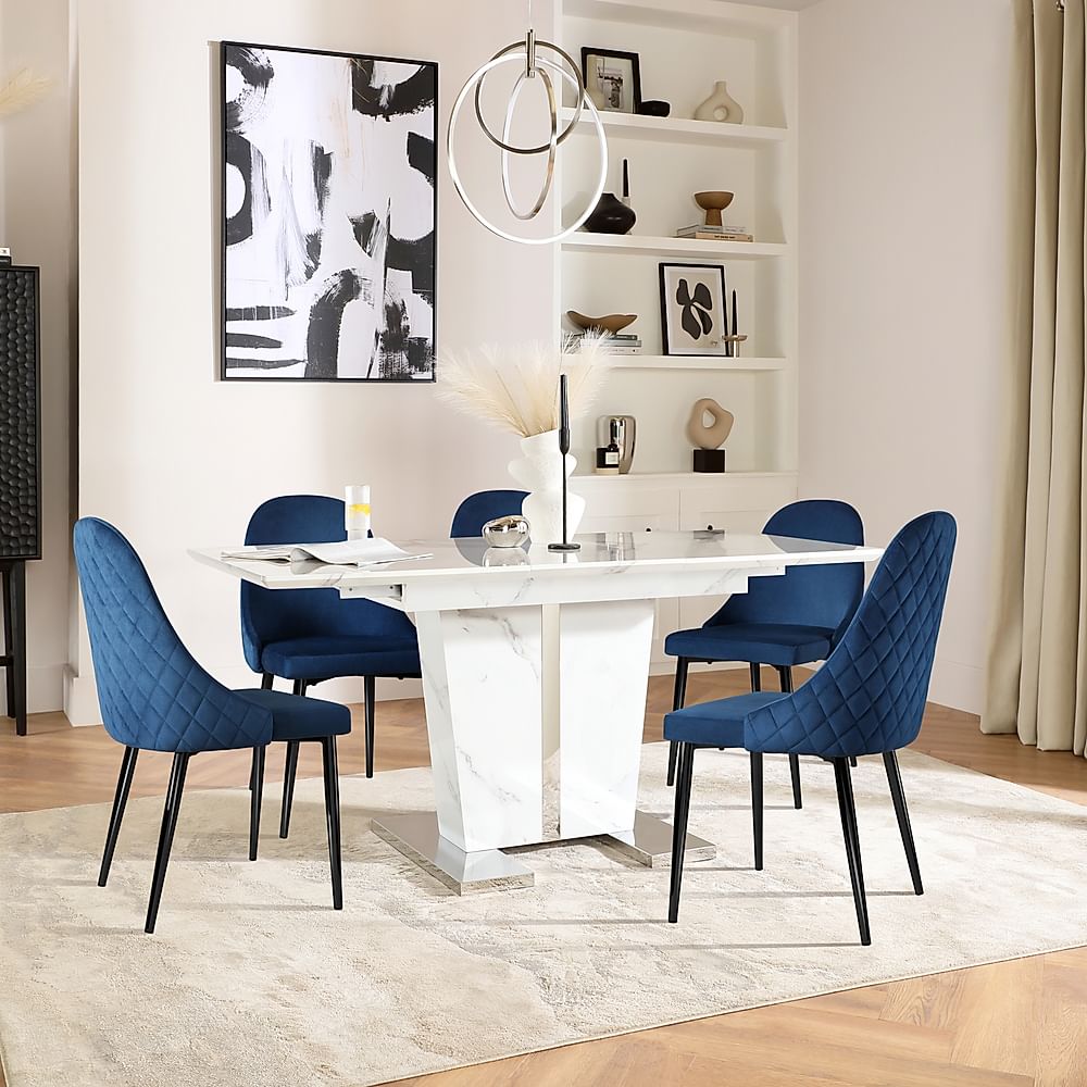 Vienna Extending Dining Table & 6 Ricco Chairs, White Marble Effect, Blue Classic Velvet & Black Steel, 120-160cm