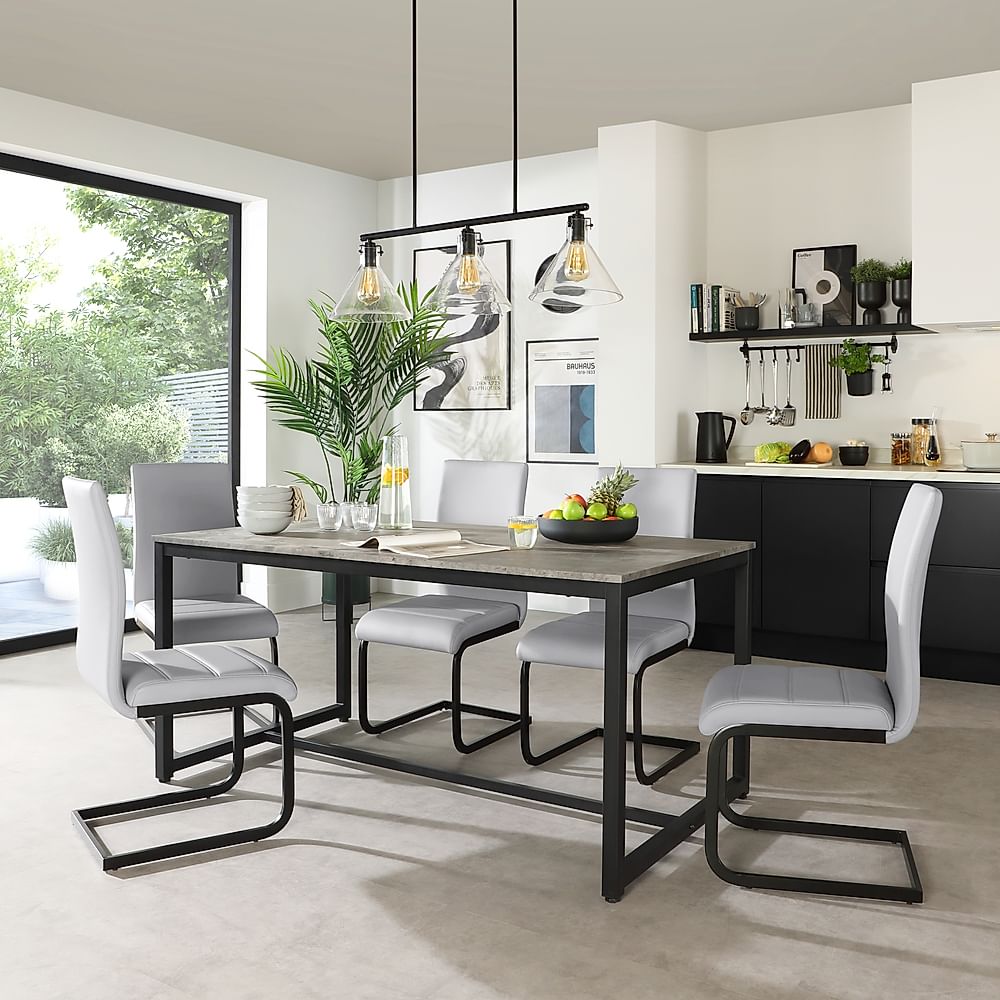 Avenue Industrial Dining Table & 4 Perth Chairs, Grey Concrete Effect & Black Steel, Light Grey Premium Faux Leather, 160cm
