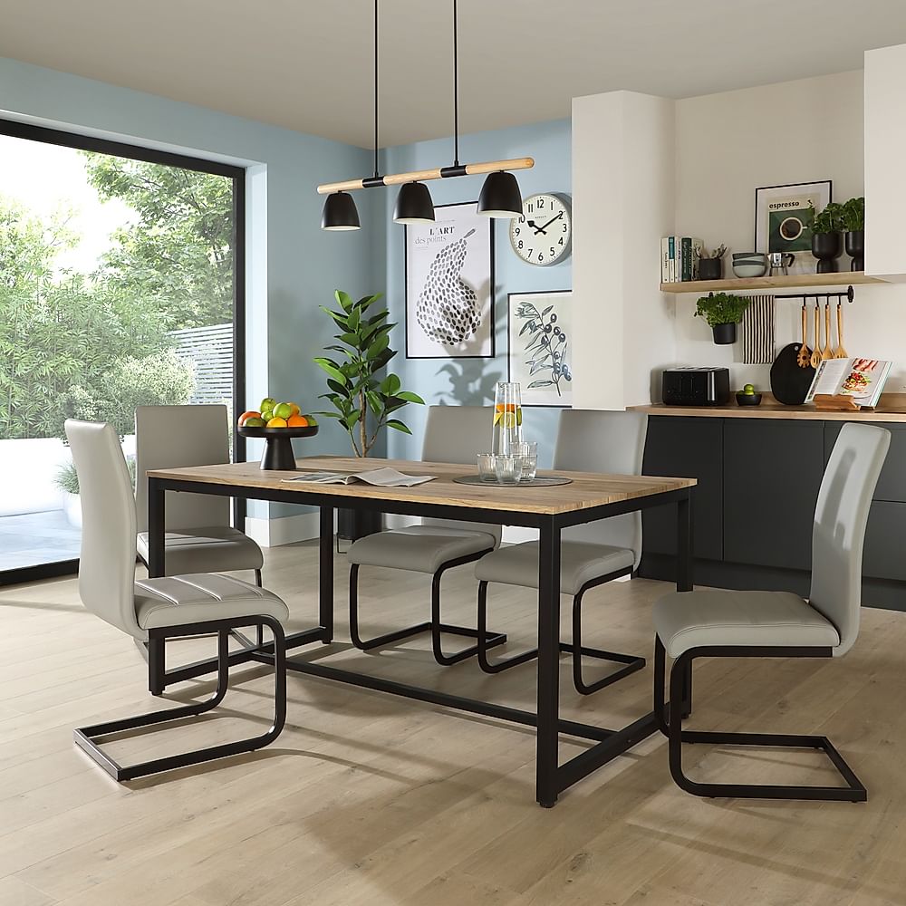 Avenue Dining Table & 4 Perth Chairs, Natural Oak Effect & Black Steel, Light Grey Premium Faux Leather, 160cm