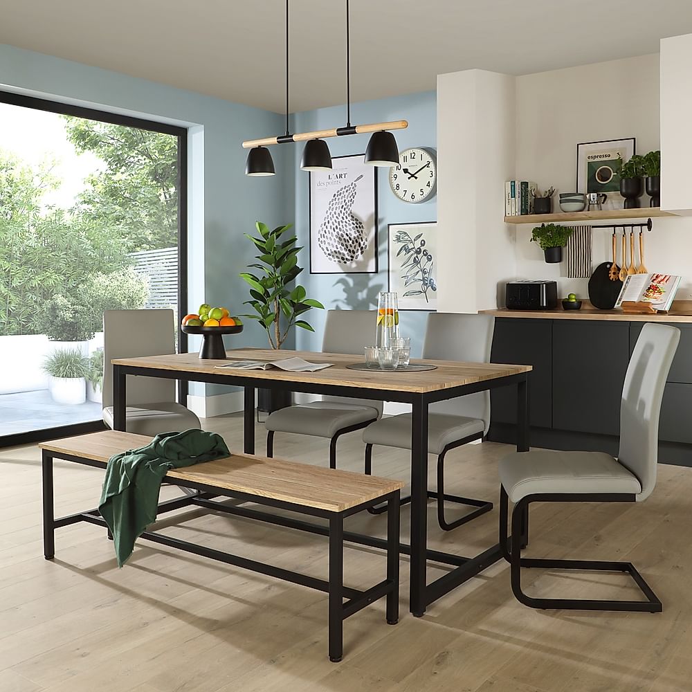 Avenue Dining Table, Bench & 4 Perth Chairs, Natural Oak Effect & Black Steel, Light Grey Premium Faux Leather, 160cm