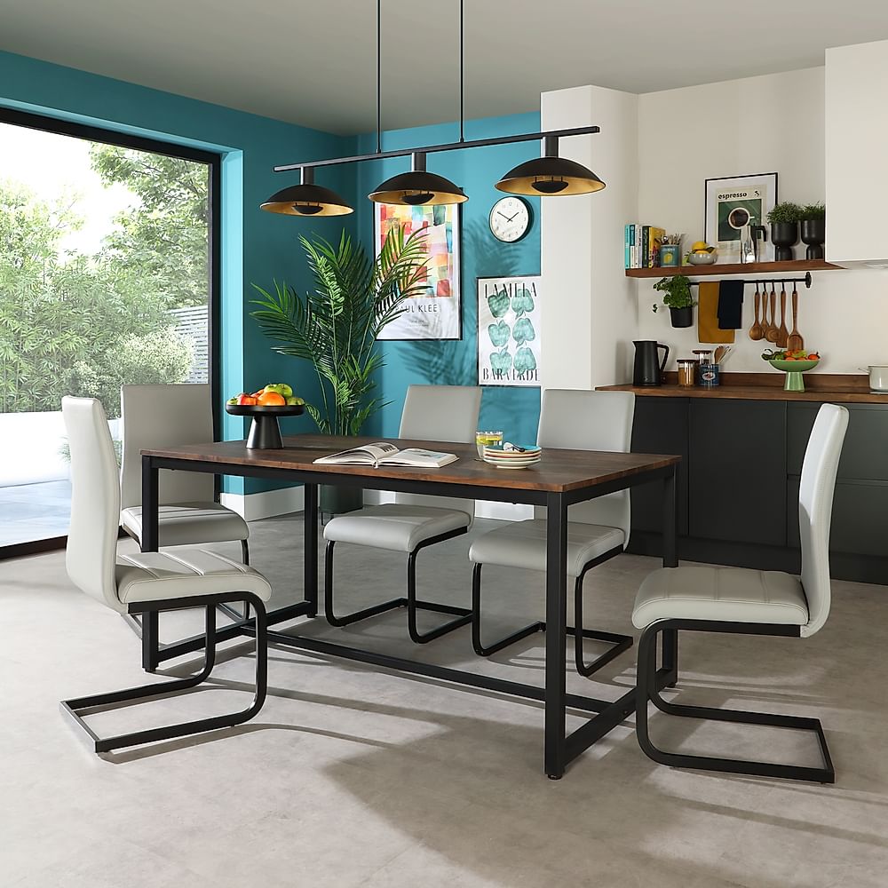 Avenue Industrial Dining Table & 6 Perth Chairs, Walnut Effect & Black Steel, Light Grey Premium Faux Leather, 160cm