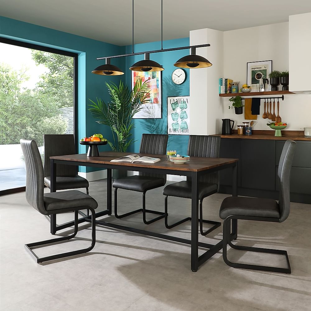 Avenue Industrial Dining Table & 6 Perth Chairs, Walnut Effect & Black Steel, Vintage Grey Classic Faux Leather, 160cm