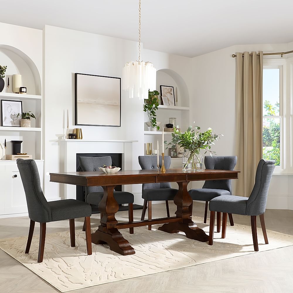 Cavendish Extending Dining Table & 6 Bewley Chairs, Dark Oak Veneer & Solid Hardwood, Slate Grey Classic Linen-Weave Fabric & Dark Solid Hardwood, 160-200cm