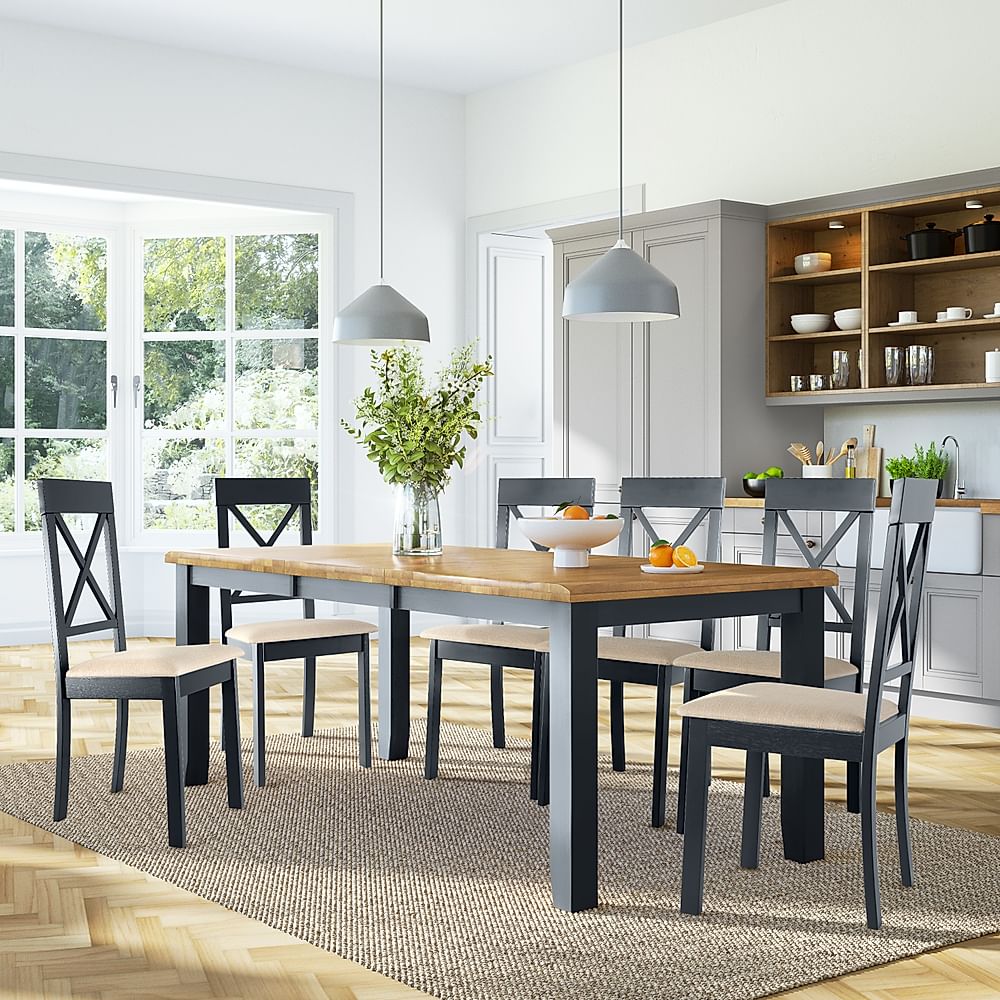 Highbury Extending Dining Table & 4 Kendal Chairs, Natural Oak Finish & Slate Blue Solid Hardwood, Oatmeal Classic Linen-Weave Fabric, 150-200cm