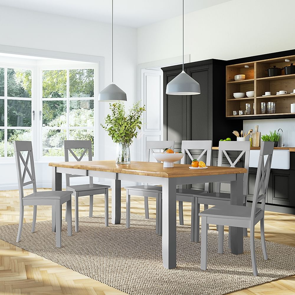 Highbury Extending Dining Table & 6 Kendal Chairs, Natural Oak Finish & Grey Solid Hardwood, 150-200cm