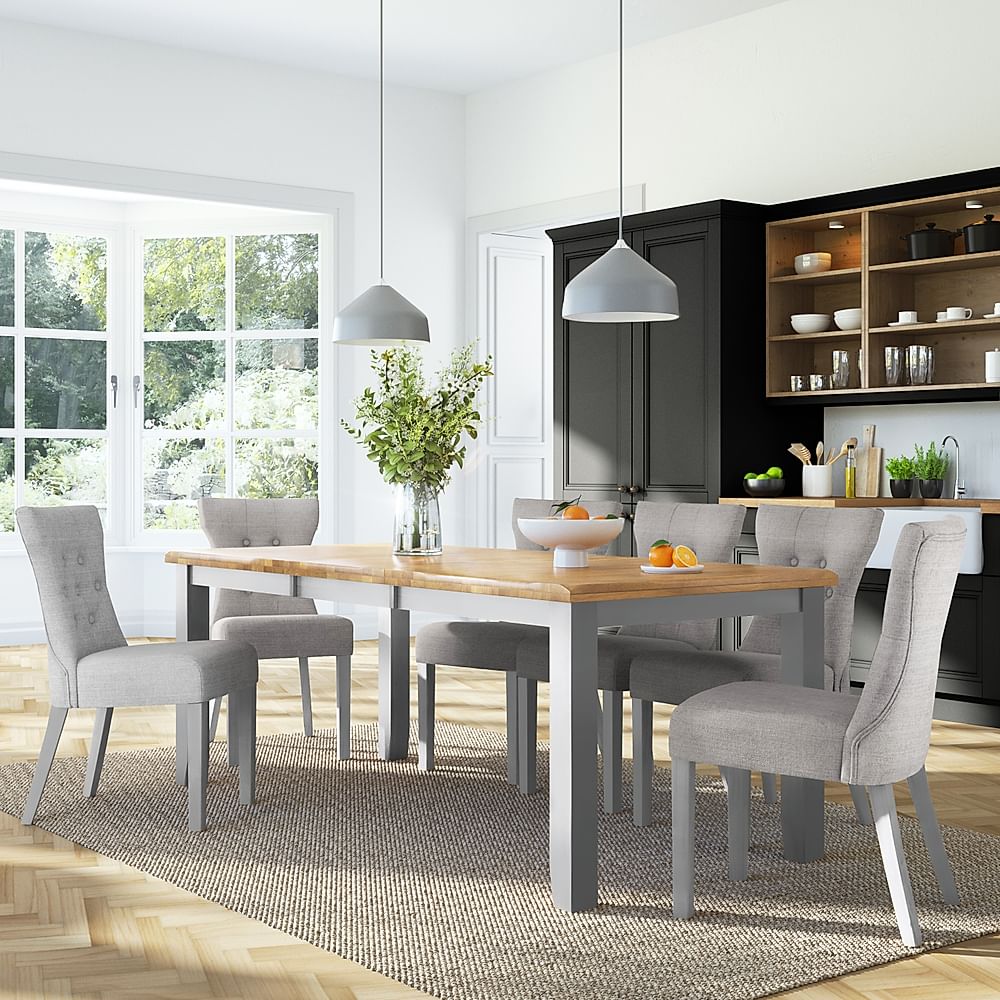 Highbury Extending Dining Table & 4 Bewley Chairs, Natural Oak Finish & Grey Solid Hardwood, Light Grey Classic Linen-Weave Fabric, 150-200cm