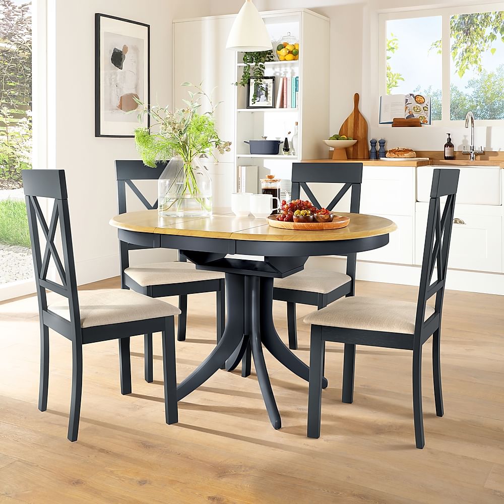 Hudson Round Extending Dining Table & 4 Kendal Chairs, Natural Oak Finish & Slate Blue Solid Hardwood, Oatmeal Classic Linen-Weave Fabric, 90-120cm