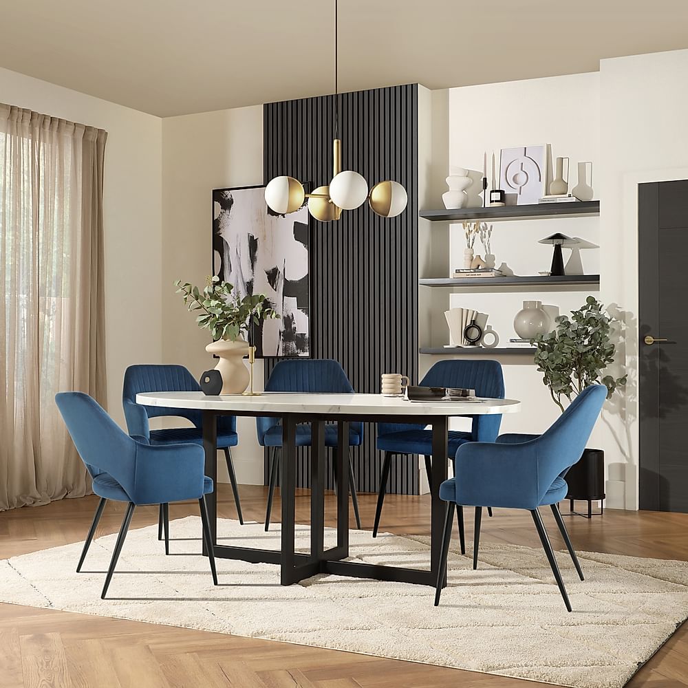 Newbury Oval Dining Table & 4 Clara Chairs, White Marble Effect & Black Steel, Blue Classic Velvet, 180cm