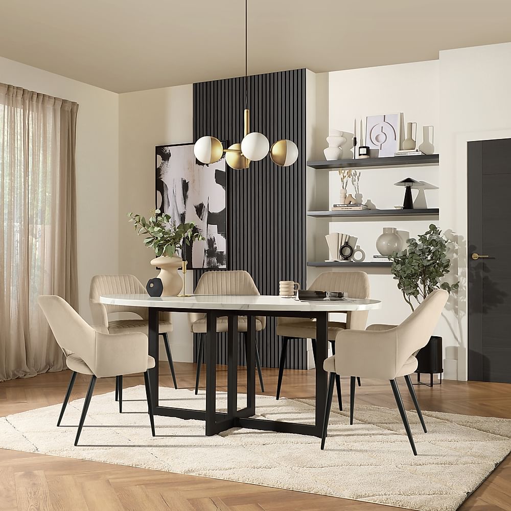 Newbury Oval Dining Table & 4 Clara Chairs, White Marble Effect & Black Steel, Champagne Classic Velvet, 180cm