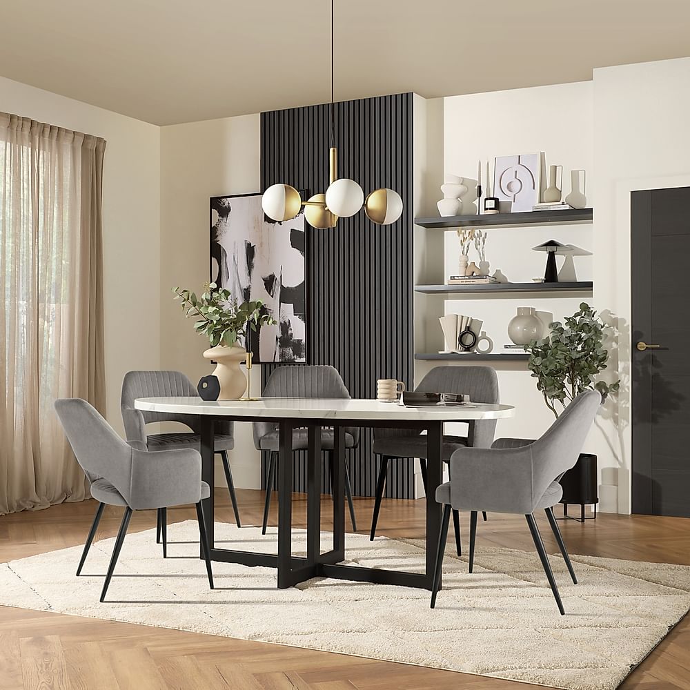 Newbury Oval Dining Table & 4 Clara Chairs, White Marble Effect & Black Steel, Grey Classic Velvet, 180cm