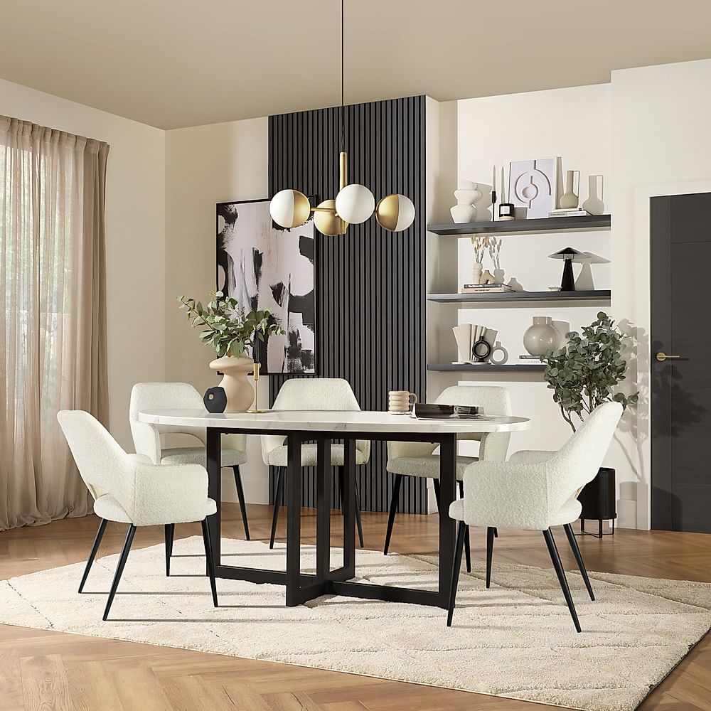 Newbury Oval Dining Table & 4 Clara Chairs, White Marble Effect & Black Steel, Ivory Classic Boucle Fabric, 180cm