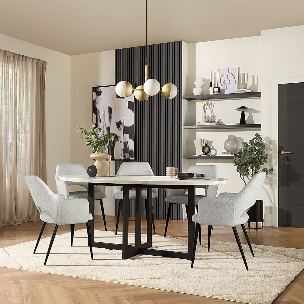 Newbury Oval Dining Table & 4 Clara Chairs, White Marble Effect & Black Steel, Light Grey Classic Boucle Fabric, 180cm