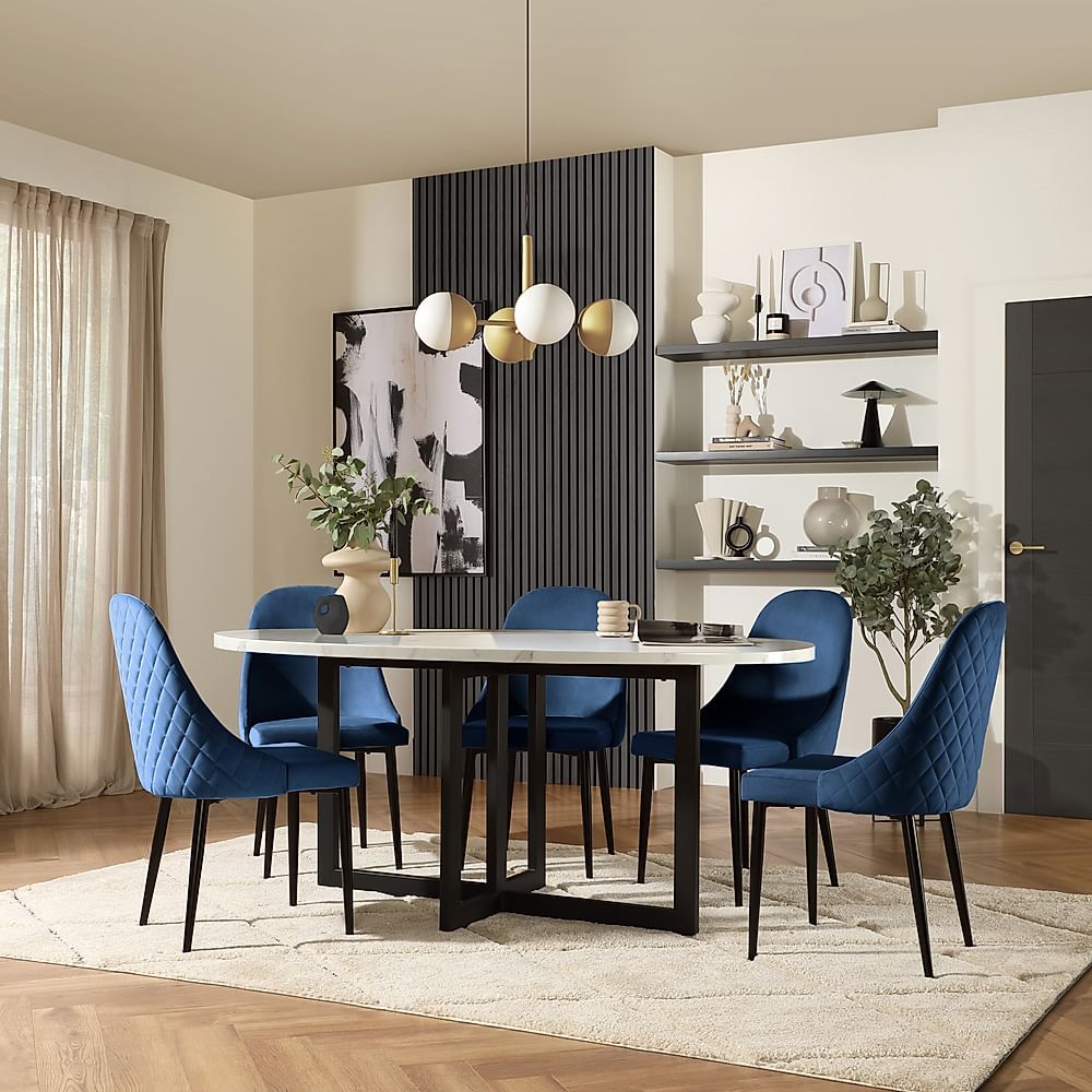 Newbury Oval Dining Table & 6 Ricco Chairs, White Marble Effect & Black Steel, Blue Classic Velvet, 180cm