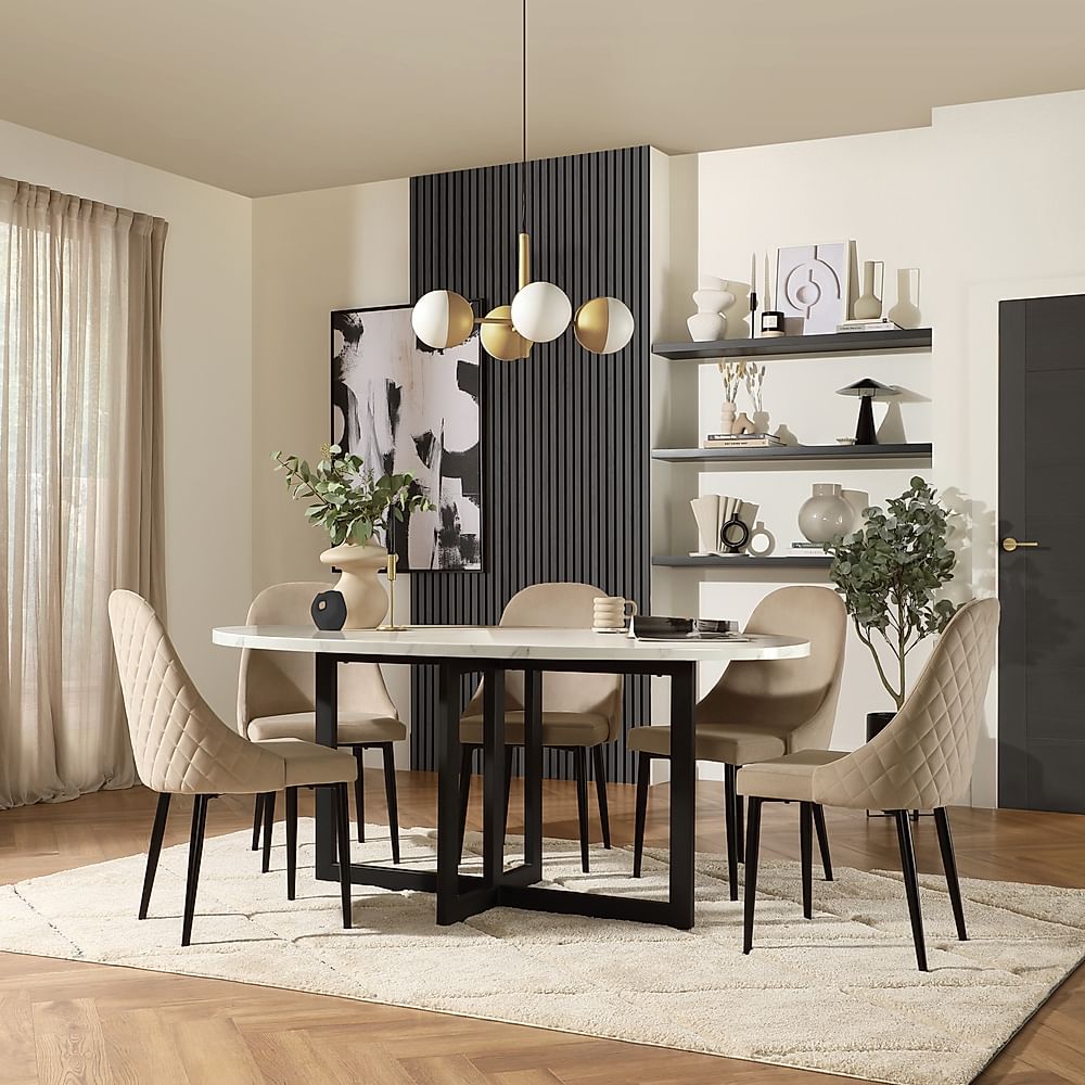 Newbury Oval Dining Table & 4 Ricco Chairs, White Marble Effect & Black Steel, Champagne Classic Velvet, 180cm