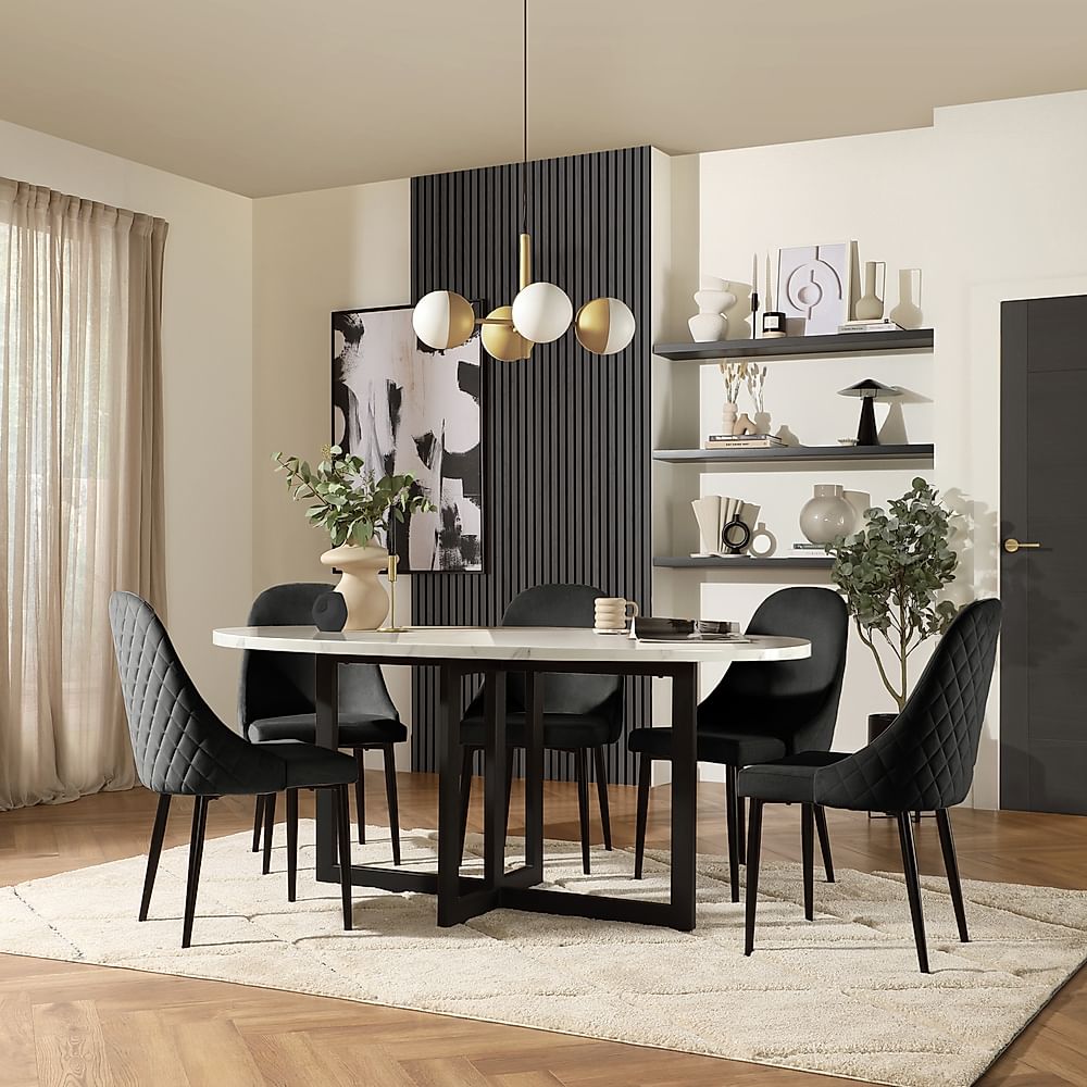 Newbury Oval Dining Table & 4 Ricco Chairs, White Marble Effect & Black Steel, Black Classic Velvet, 180cm