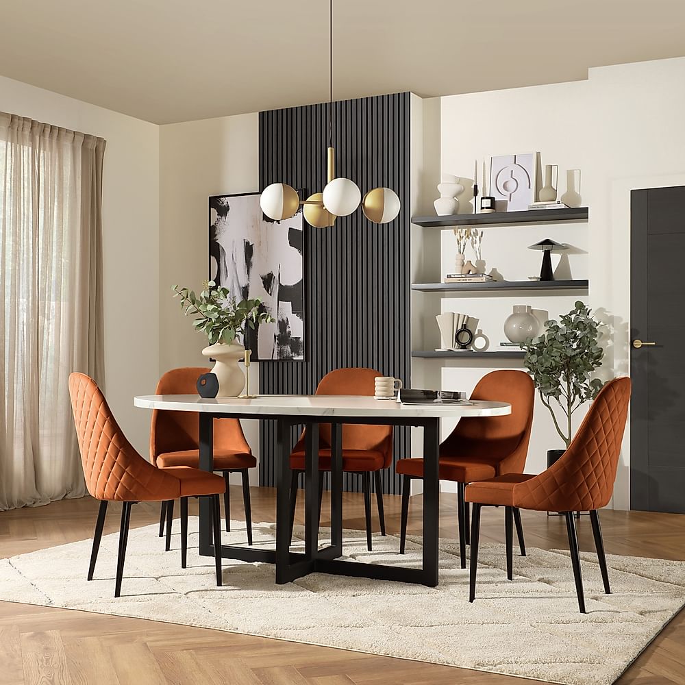 Newbury Oval Dining Table & 4 Ricco Chairs, White Marble Effect & Black Steel, Burnt Orange Classic Velvet, 180cm