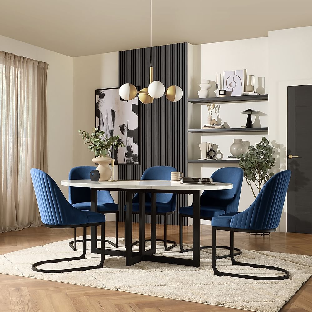 Newbury Oval Dining Table & 4 Riva Chairs, White Marble Effect & Black Steel, Blue Classic Velvet, 180cm