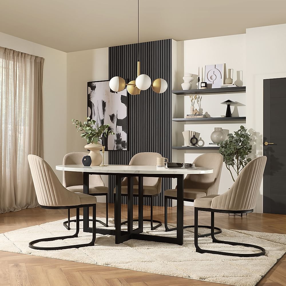 Newbury Oval Dining Table & 4 Riva Chairs, White Marble Effect & Black Steel, Champagne Classic Velvet, 180cm