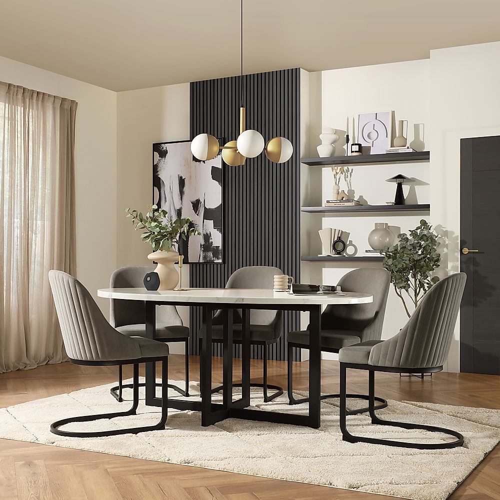 Newbury Oval Dining Table & 4 Riva Chairs, White Marble Effect & Black Steel, Grey Classic Velvet, 180cm