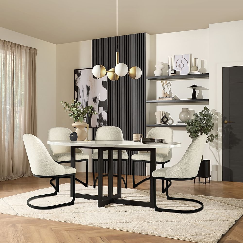 Newbury Oval Dining Table & 4 Riva Chairs, White Marble Effect & Black Steel, Ivory Classic Boucle Fabric, 180cm