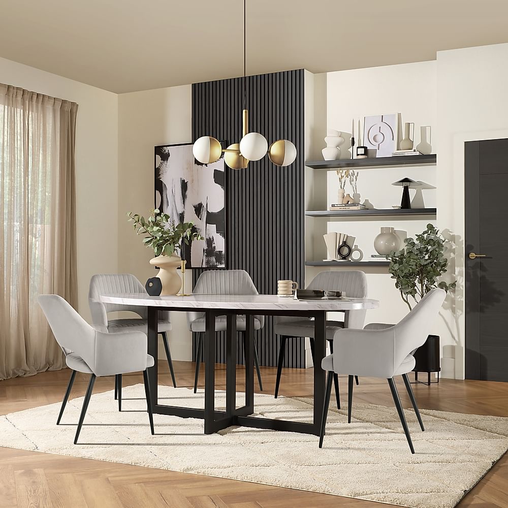 Newbury Oval Dining Table & 4 Clara Chairs, Grey Marble Effect & Black Steel, Grey Classic Velvet, 180cm