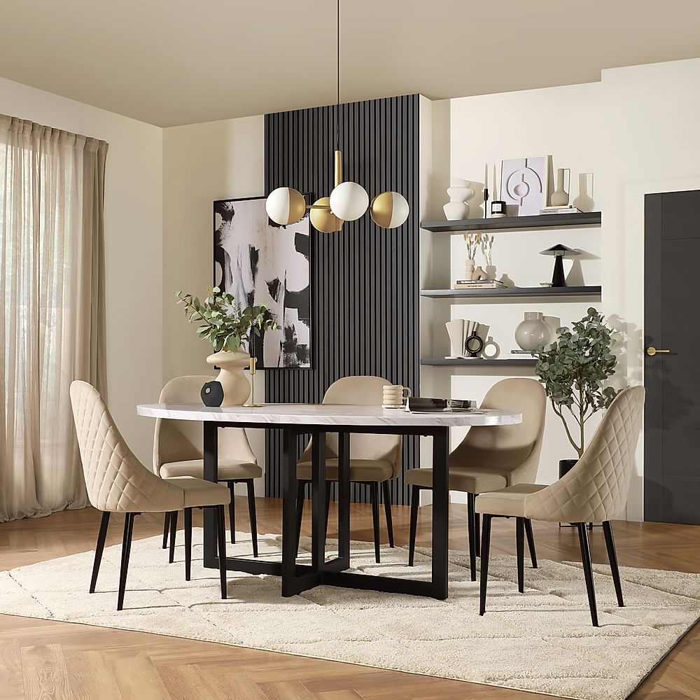 Newbury Oval Dining Table & 6 Ricco Chairs, Grey Marble Effect & Black Steel, Champagne Classic Velvet, 180cm