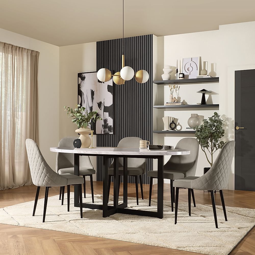 Newbury Oval Dining Table & 6 Ricco Chairs, Grey Marble Effect & Black Steel, Grey Classic Velvet, 180cm