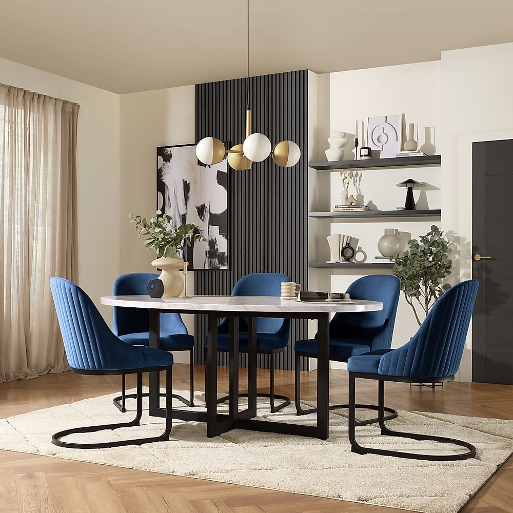 Newbury Oval Dining Table 4 Riva Chairs Grey Marble Effect Black Steel Blue Classic Velvet 180cm Only 749.99 Furniture Choice