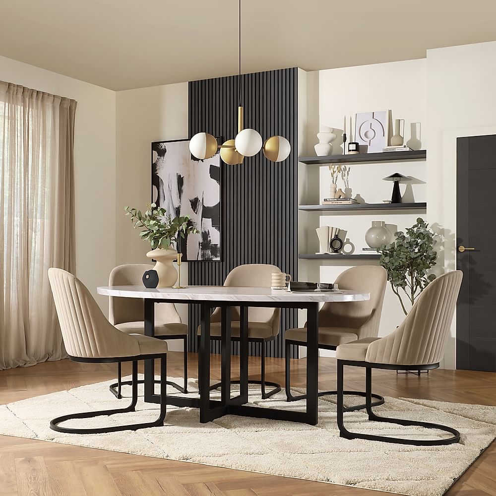 Newbury Oval Dining Table & 6 Riva Chairs, Grey Marble Effect & Black Steel, Champagne Classic Velvet, 180cm