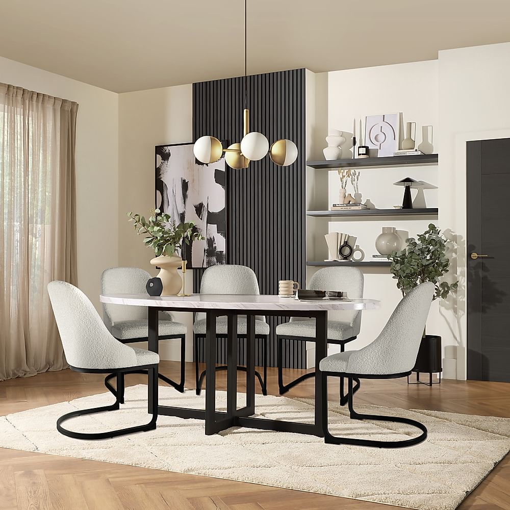 Newbury Oval Dining Table & 6 Riva Chairs, Grey Marble Effect & Black Steel, Light Grey Classic Boucle Fabric, 180cm