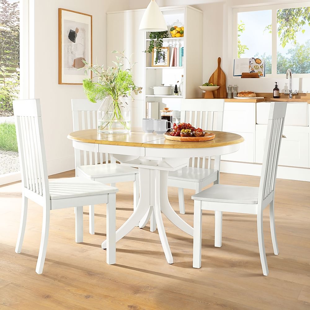 Hudson Round Extending Dining Table & 4 Oxford Chairs, Natural Oak Finish & White Solid Hardwood, 90-120cm