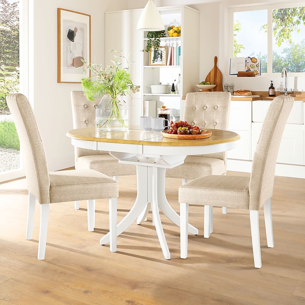 Hudson Round Extending Dining Table & 4 Regent Chairs, Natural Oak Finish & White Solid Hardwood, Oatmeal Classic Linen-Weave Fabric, 90-120cm