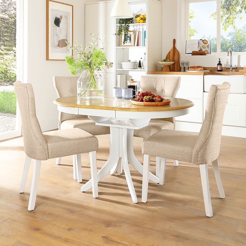 Hudson Round Extending Dining Table & 6 Bewley Chairs, Natural Oak Finish & White Solid Hardwood, Oatmeal Classic Linen-Weave Fabric, 90-120cm