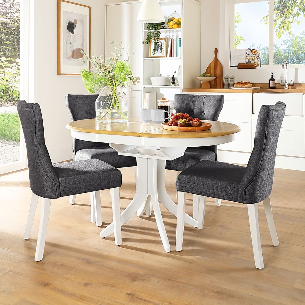 Hudson Round Extending Dining Table & 4 Bewley Chairs, Natural Oak Finish & White Solid Hardwood, Slate Grey Classic Linen-Weave Fabric, 90-120cm