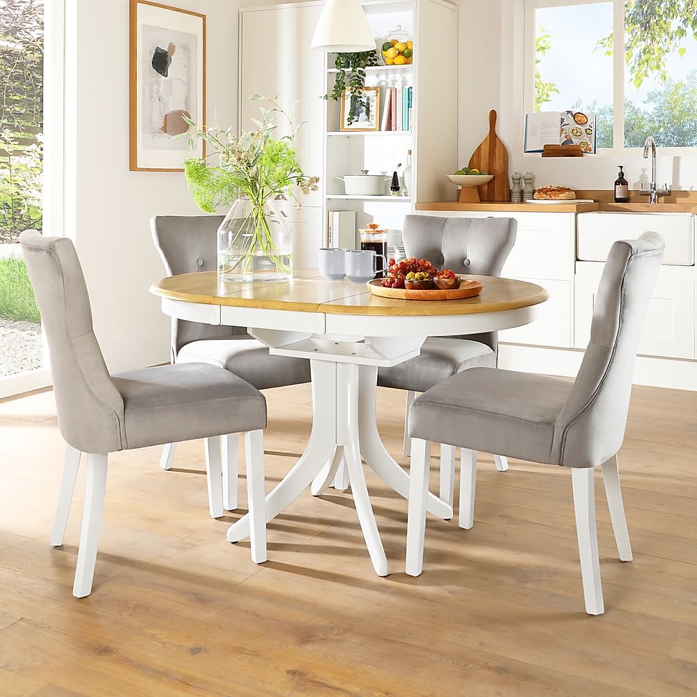 Hudson Round Extending Dining Table & 6 Bewley Chairs, Natural Oak Finish & White Solid Hardwood, Grey Classic Velvet, 90-120cm