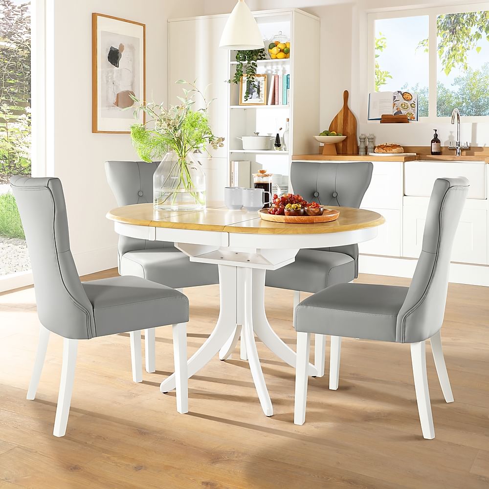 Hudson Round Extending Dining Table & 4 Bewley Chairs, Natural Oak Finish & White Solid Hardwood, Light Grey Classic Faux Leather, 90-120cm