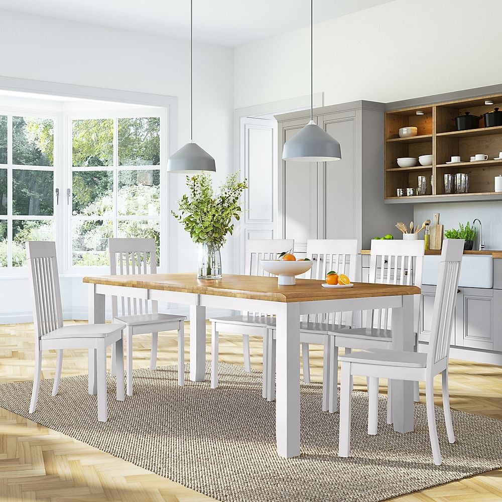 Highbury Extending Dining Table & 4 Oxford Chairs, Natural Oak Finish & White Solid Hardwood, 150-200cm