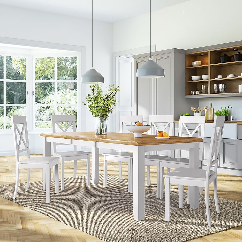 Highbury Extending Dining Table & 4 Kendal Chairs, Natural Oak Finish & White Solid Hardwood, 150-200cm