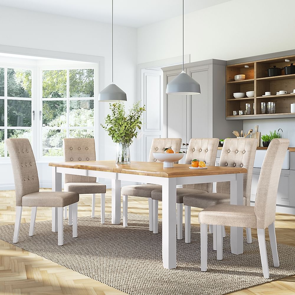 Highbury Extending Dining Table & 4 Regent Chairs, Natural Oak Finish & White Solid Hardwood, Oatmeal Classic Linen-Weave Fabric, 150-200cm