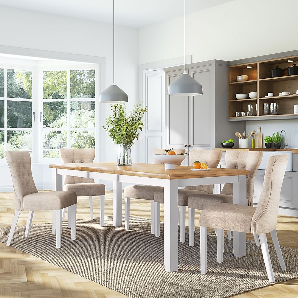 Highbury Extending Dining Table & 4 Bewley Chairs, Natural Oak Finish & White Solid Hardwood, Oatmeal Classic Linen-Weave Fabric, 150-200cm