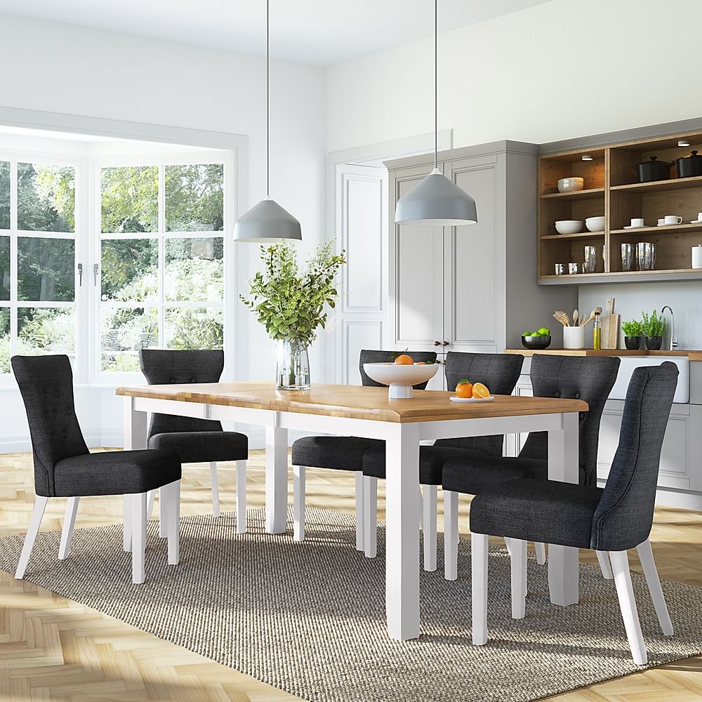 Highbury Extending Dining Table & 4 Bewley Chairs, Natural Oak Finish & White Solid Hardwood, Slate Grey Classic Linen-Weave Fabric, 150-200cm